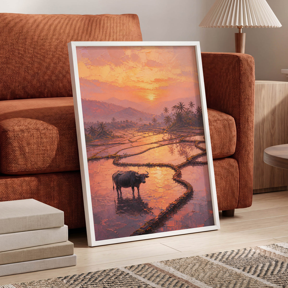 Buffalo at Blush Dusk, pink, orange, purple nature wall art displayed in a styled interior, gallery view 5