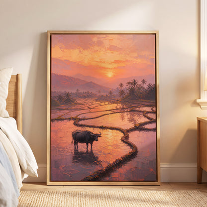 Buffalo at Blush Dusk, pink, orange, purple nature wall art displayed in a styled interior, gallery view 6