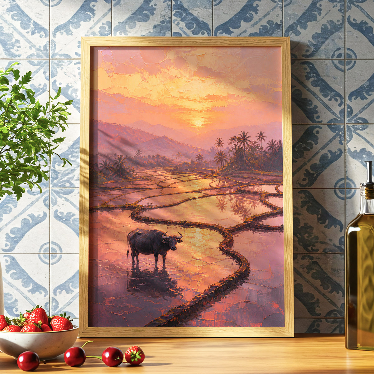 Buffalo at Blush Dusk, pink, orange, purple nature wall art displayed in a styled interior, gallery view 6