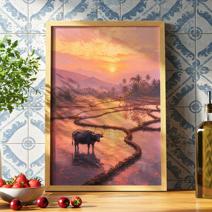 Buffalo at Blush Dusk, pink, orange, purple nature wall art displayed in a styled interior, gallery view 6