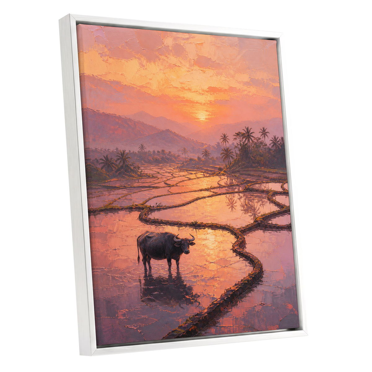 Buffalo at Blush Dusk, pink, orange, purple nature wall art shown as a white framed canvas wall art