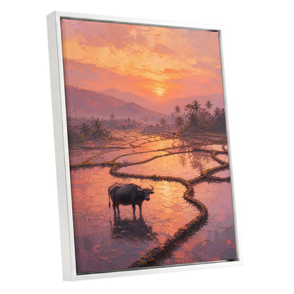 Buffalo at Blush Dusk, pink, orange, purple nature wall art shown as a white framed canvas wall art