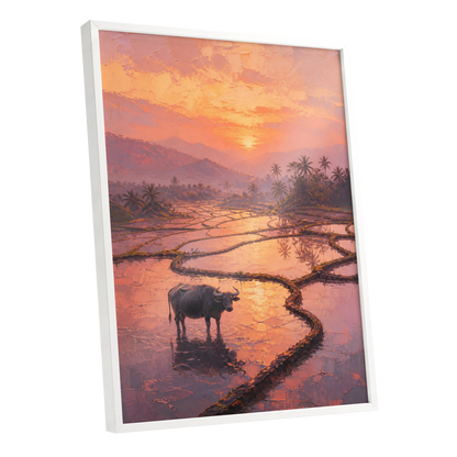 Buffalo at Blush Dusk, pink, orange, purple nature wall art shown as a white framed poster wall art print