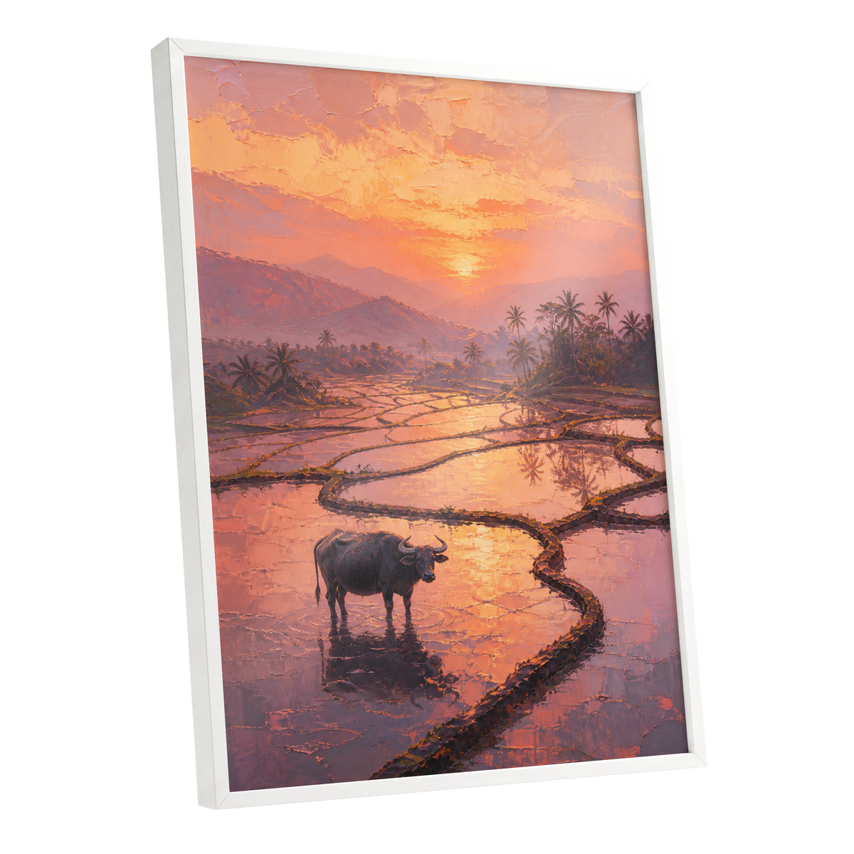 Buffalo at Blush Dusk, pink, orange, purple nature wall art shown as a white framed poster wall art print