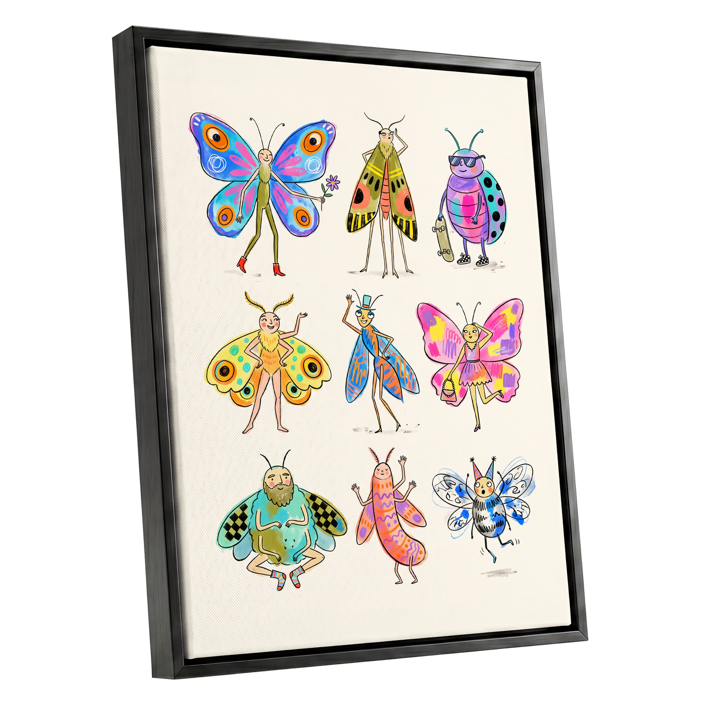 Bug Parade, beige, blue, pink nature wall art shown as a black framed canvas wall art