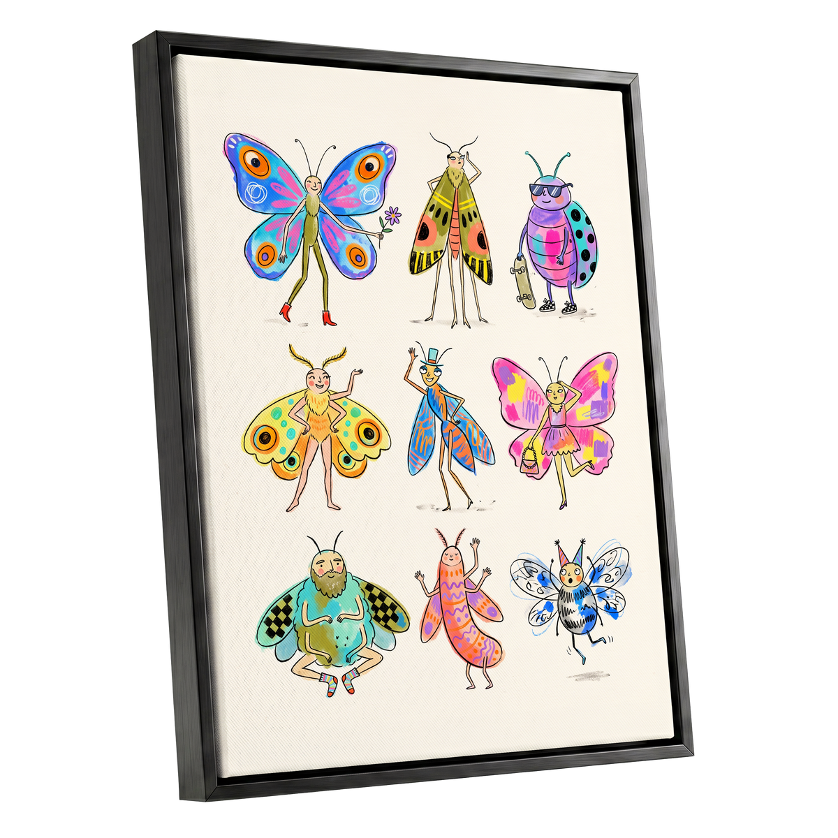 Bug Parade, beige, blue, pink nature wall art shown as a black framed canvas wall art