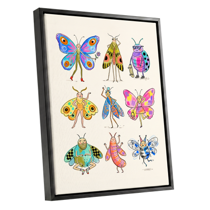 Bug Parade, beige, blue, pink nature wall art shown as a black framed canvas wall art