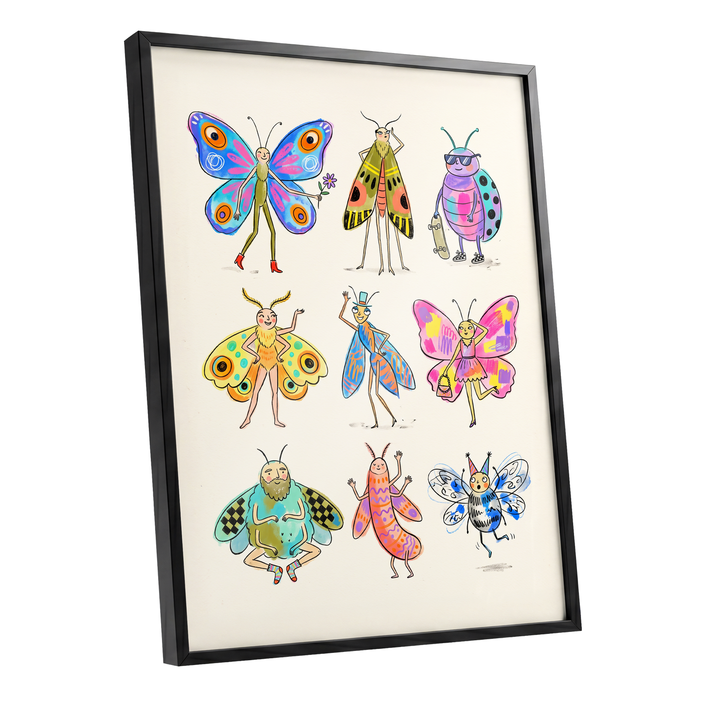 Bug Parade, beige, blue, pink nature wall art shown as a black framed poster wall art print
