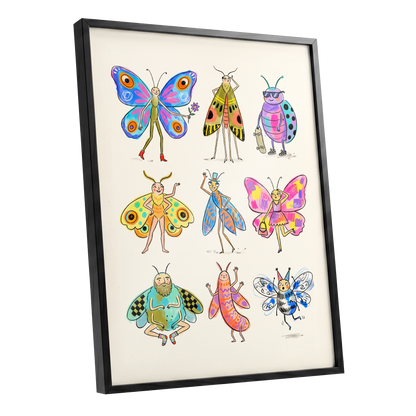 Bug Parade, beige, blue, pink nature wall art shown as a black framed poster wall art print