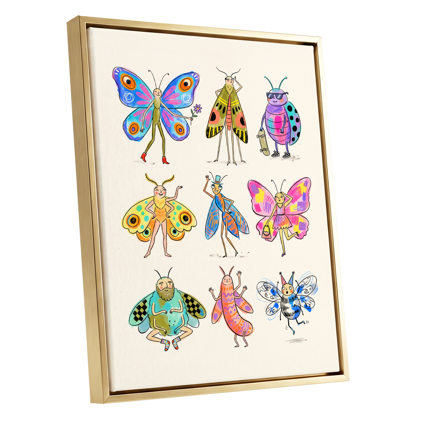 Bug Parade, beige, blue, pink nature wall art shown as a gold framed canvas wall art