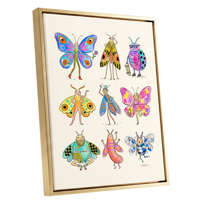 Bug Parade, beige, blue, pink nature wall art shown as a gold framed canvas wall art