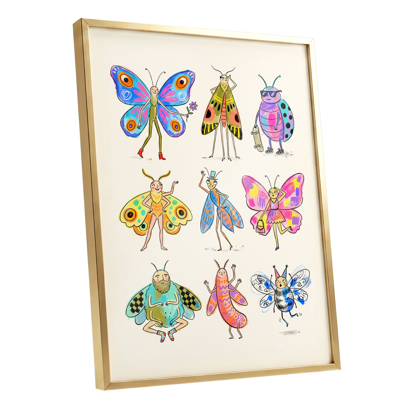 Bug Parade, beige, blue, pink nature wall art shown as a gold framed poster wall art print