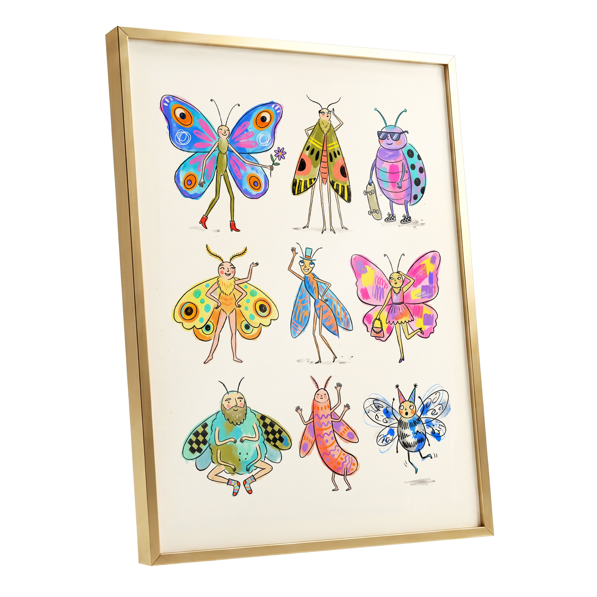 Bug Parade, beige, blue, pink nature wall art shown as a gold framed poster wall art print