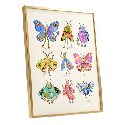 Bug Parade, beige, blue, pink nature wall art shown as a gold framed poster wall art print