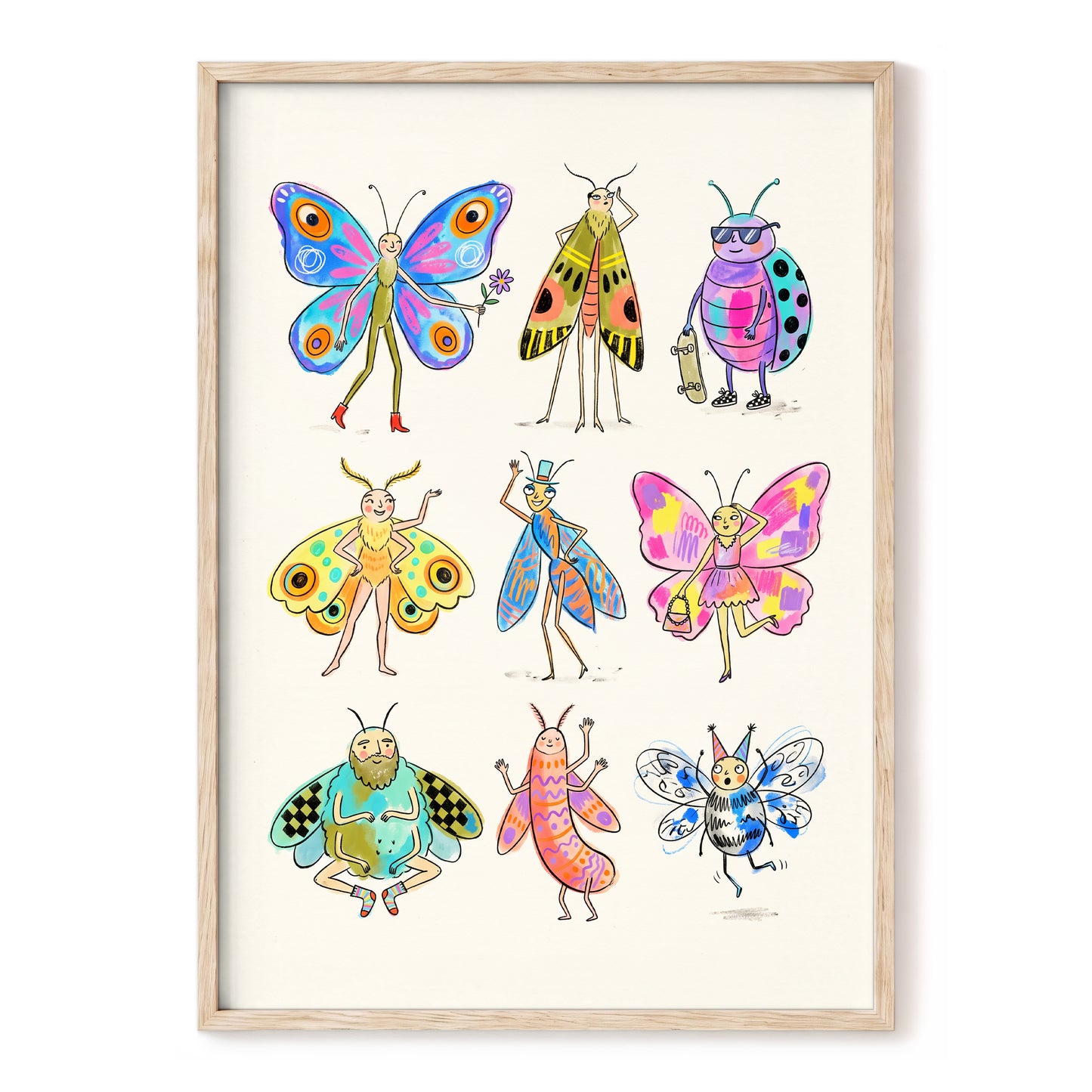 Bug Parade, beige, blue, pink nature wall art, front artwork view