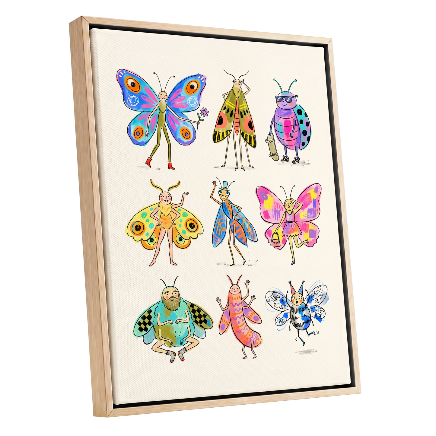 Bug Parade, beige, blue, pink nature wall art shown as a oak framed canvas wall art