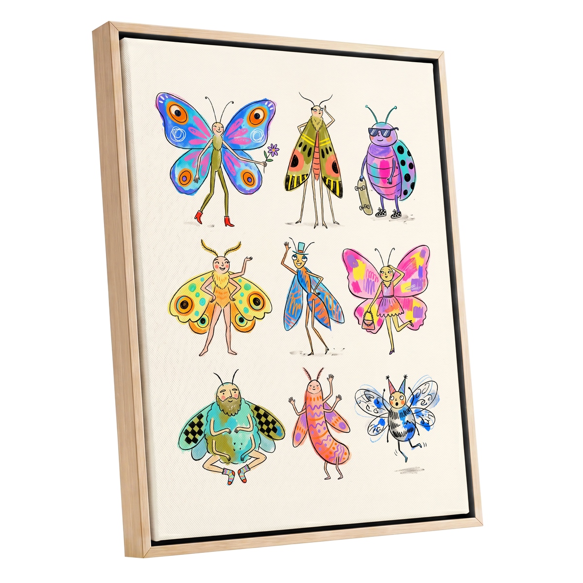 Bug Parade, beige, blue, pink nature wall art shown as a oak framed canvas wall art