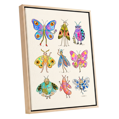 Bug Parade, beige, blue, pink nature wall art shown as a oak framed canvas wall art