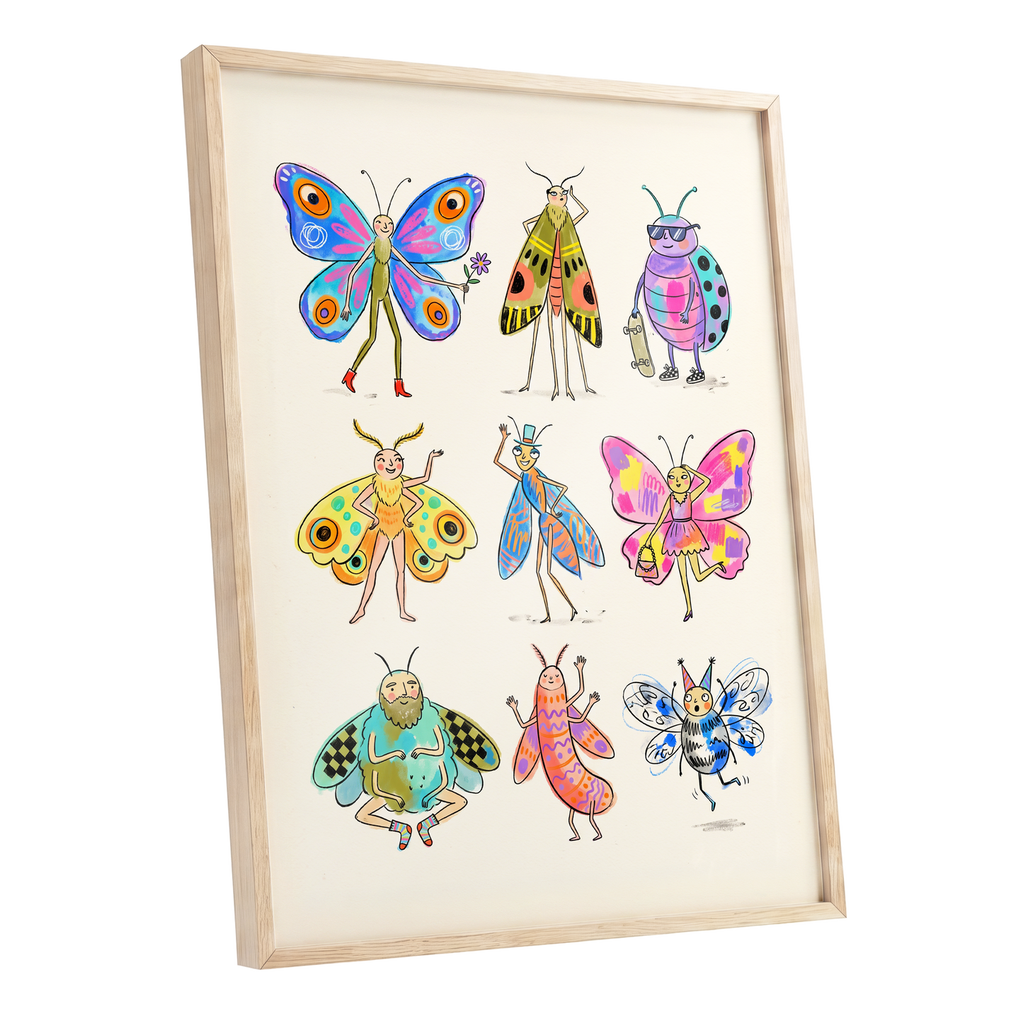 Bug Parade, beige, blue, pink nature wall art shown as a oak framed poster wall art print