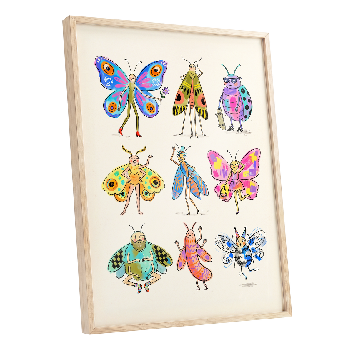 Bug Parade, beige, blue, pink nature wall art shown as a oak framed poster wall art print
