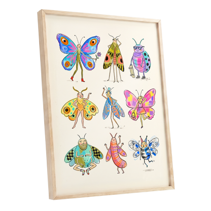 Bug Parade, beige, blue, pink nature wall art shown as a oak framed poster wall art print