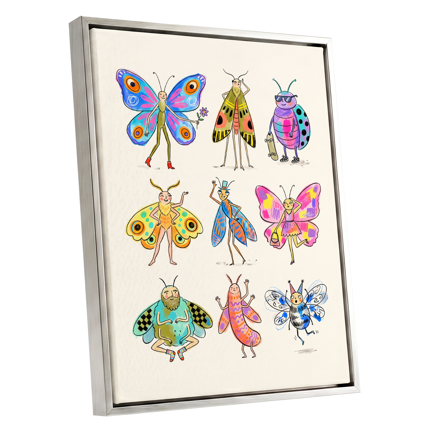 Bug Parade, beige, blue, pink nature wall art shown as a silver framed canvas wall art