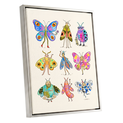 Bug Parade, beige, blue, pink nature wall art shown as a silver framed canvas wall art