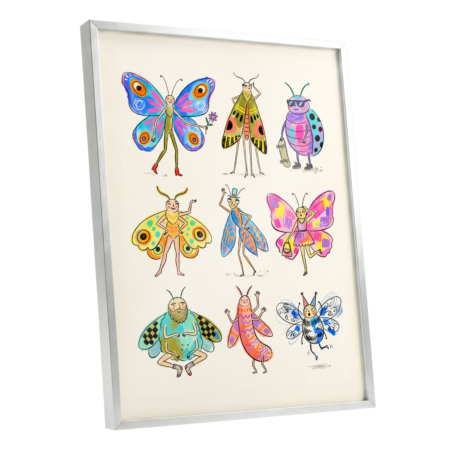 Bug Parade, beige, blue, pink nature wall art shown as a silver framed poster wall art print