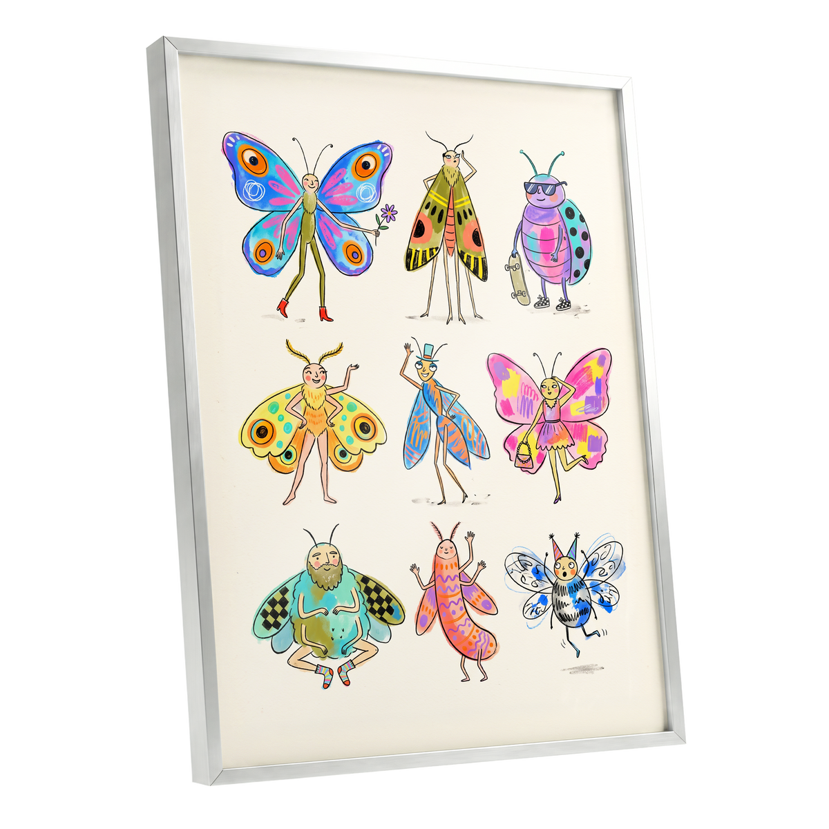 Bug Parade, beige, blue, pink nature wall art shown as a silver framed poster wall art print