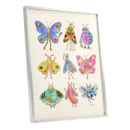 Bug Parade, beige, blue, pink nature wall art shown as a silver framed poster wall art print