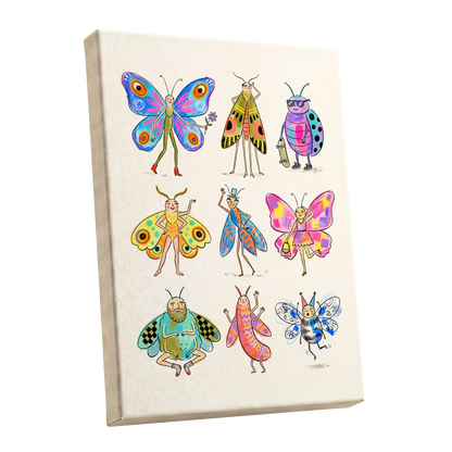 Bug Parade, beige, blue, pink nature wall art shown as a stretched canvas wall art