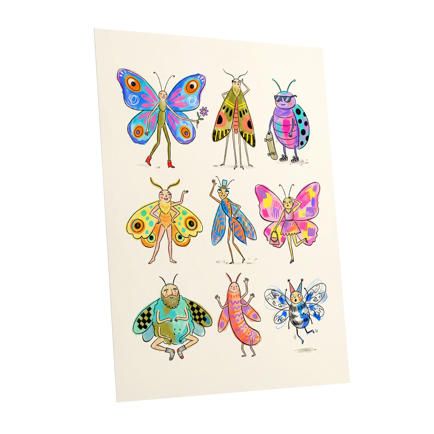 Bug Parade, beige, blue, pink nature wall art shown as a unframed poster wall art print
