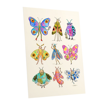 Bug Parade, beige, blue, pink nature wall art shown as a unframed poster wall art print