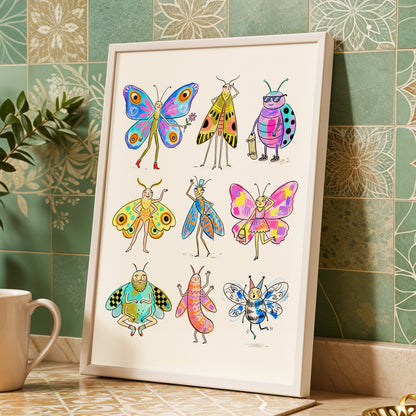 Bug Parade, beige, blue, pink nature wall art displayed in a styled interior, gallery view 2