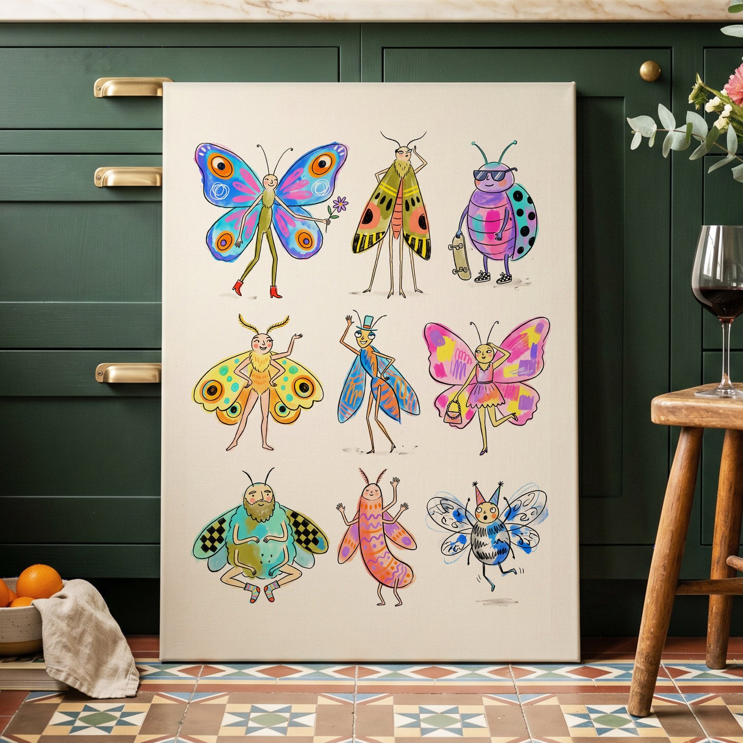 Bug Parade, beige, blue, pink nature wall art displayed in a styled interior, gallery view 3