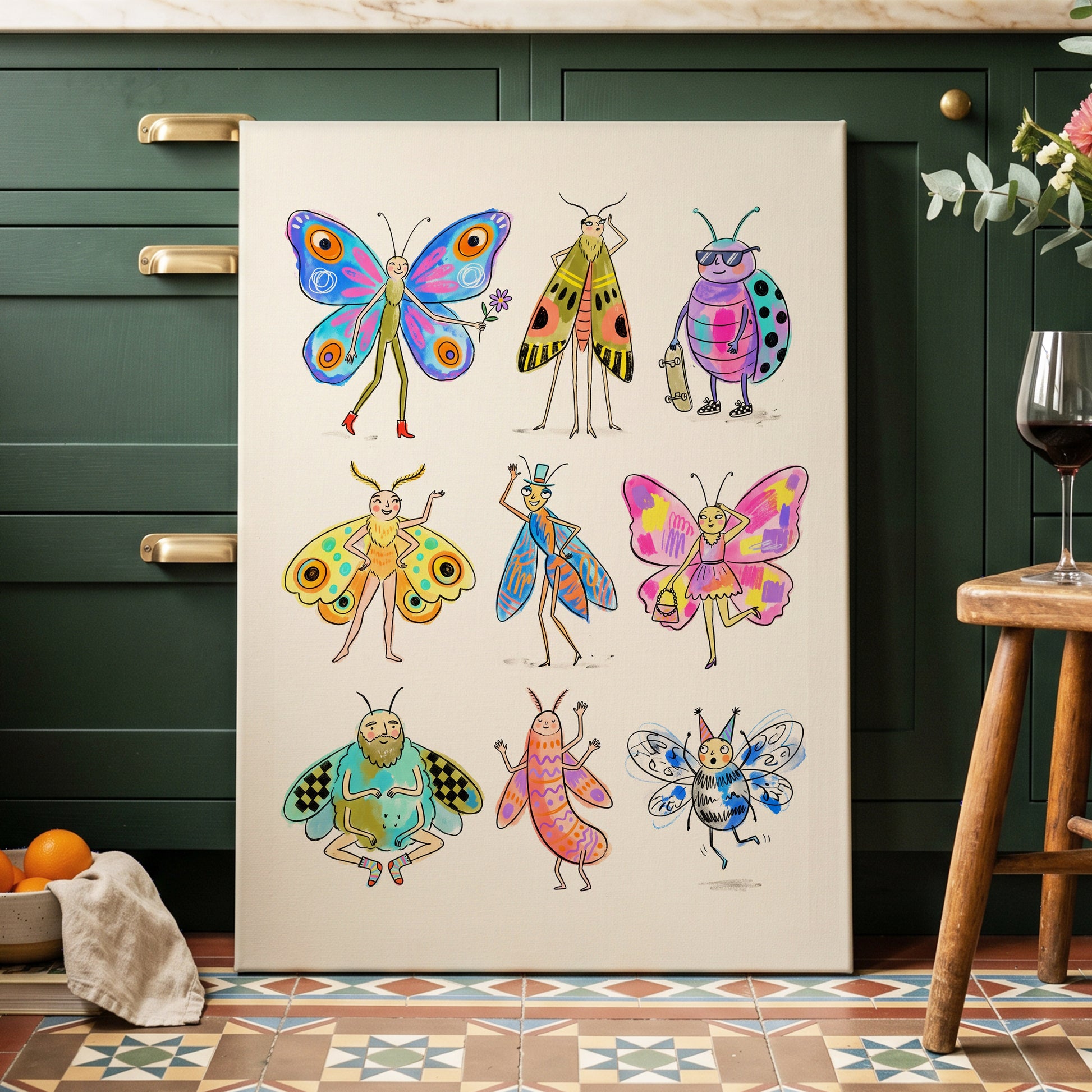Bug Parade, beige, blue, pink nature wall art displayed in a styled interior, gallery view 3