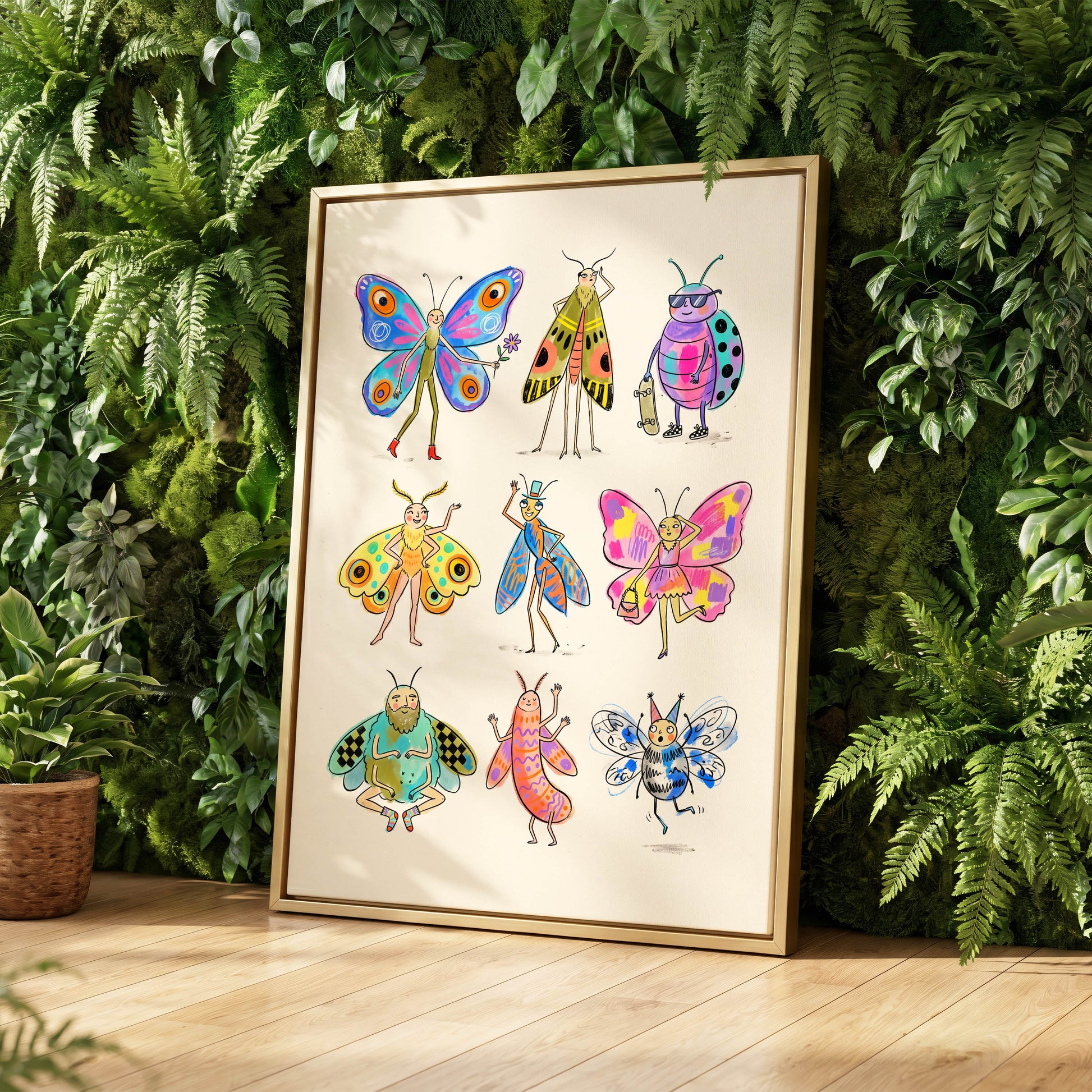 Bug Parade, beige, blue, pink nature wall art displayed in a styled interior, gallery view 4