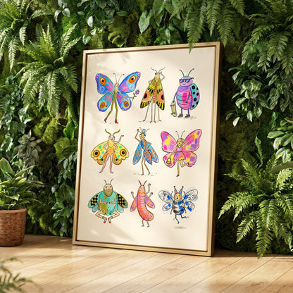 Bug Parade, beige, blue, pink nature wall art displayed in a styled interior, gallery view 4