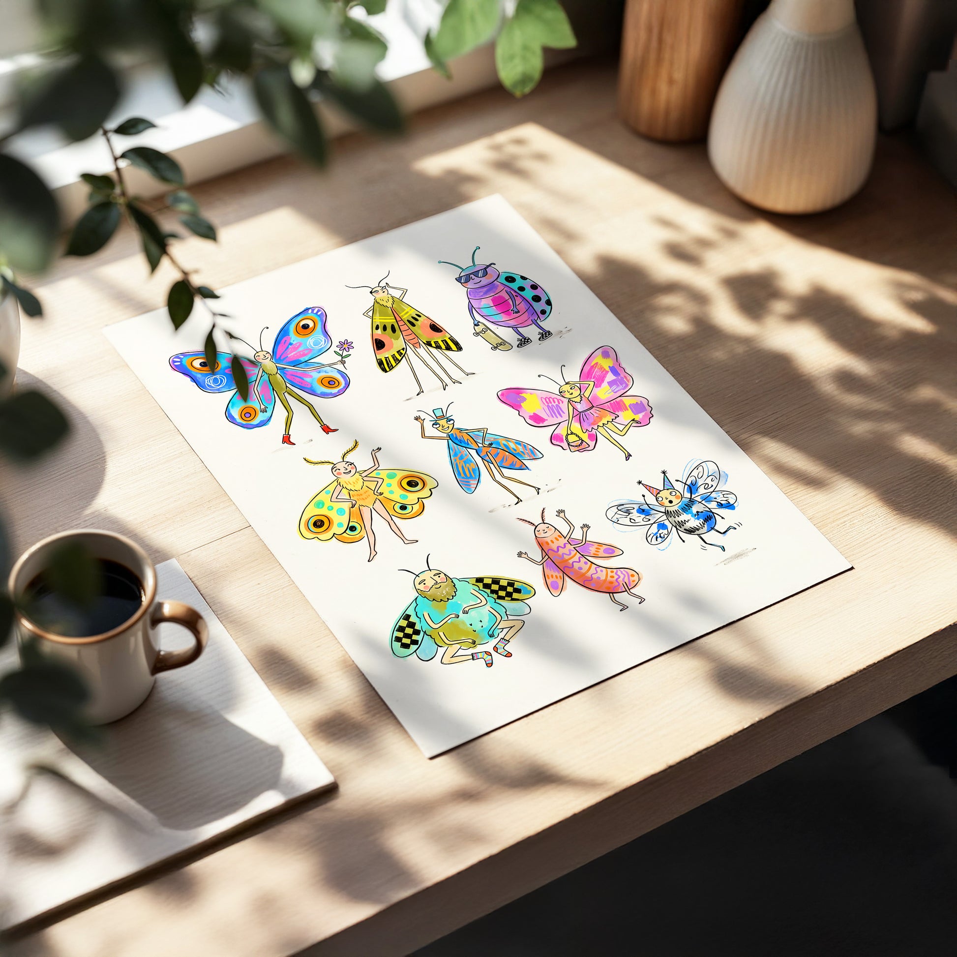 Bug Parade, beige, blue, pink nature wall art displayed in a styled interior, gallery view 5
