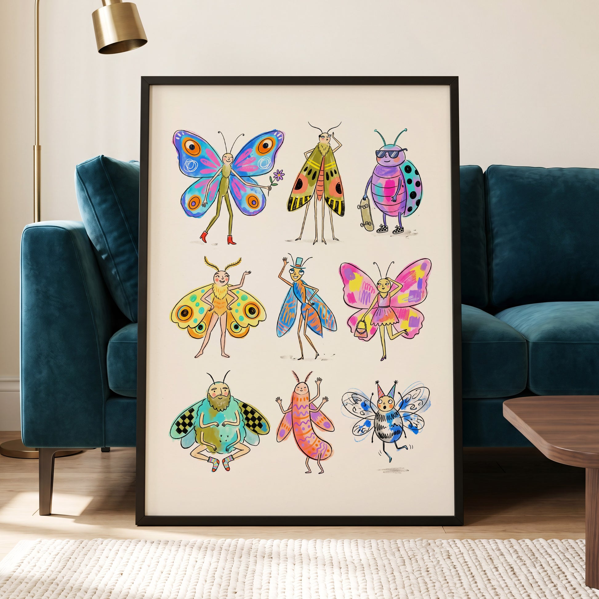 Bug Parade, beige, blue, pink nature wall art displayed in a styled interior, gallery view 6