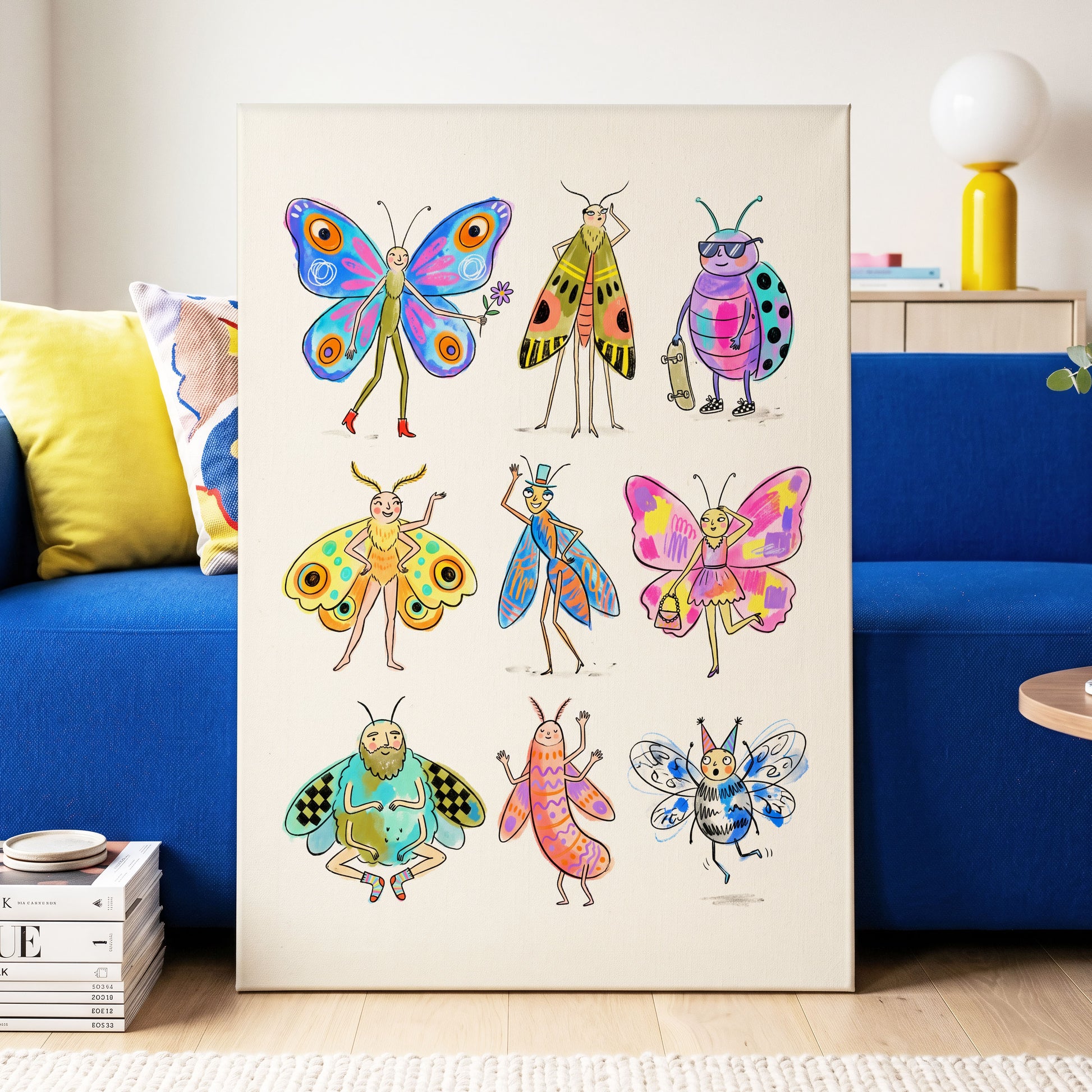 Bug Parade, beige, blue, pink nature wall art displayed in a styled interior, gallery view 7
