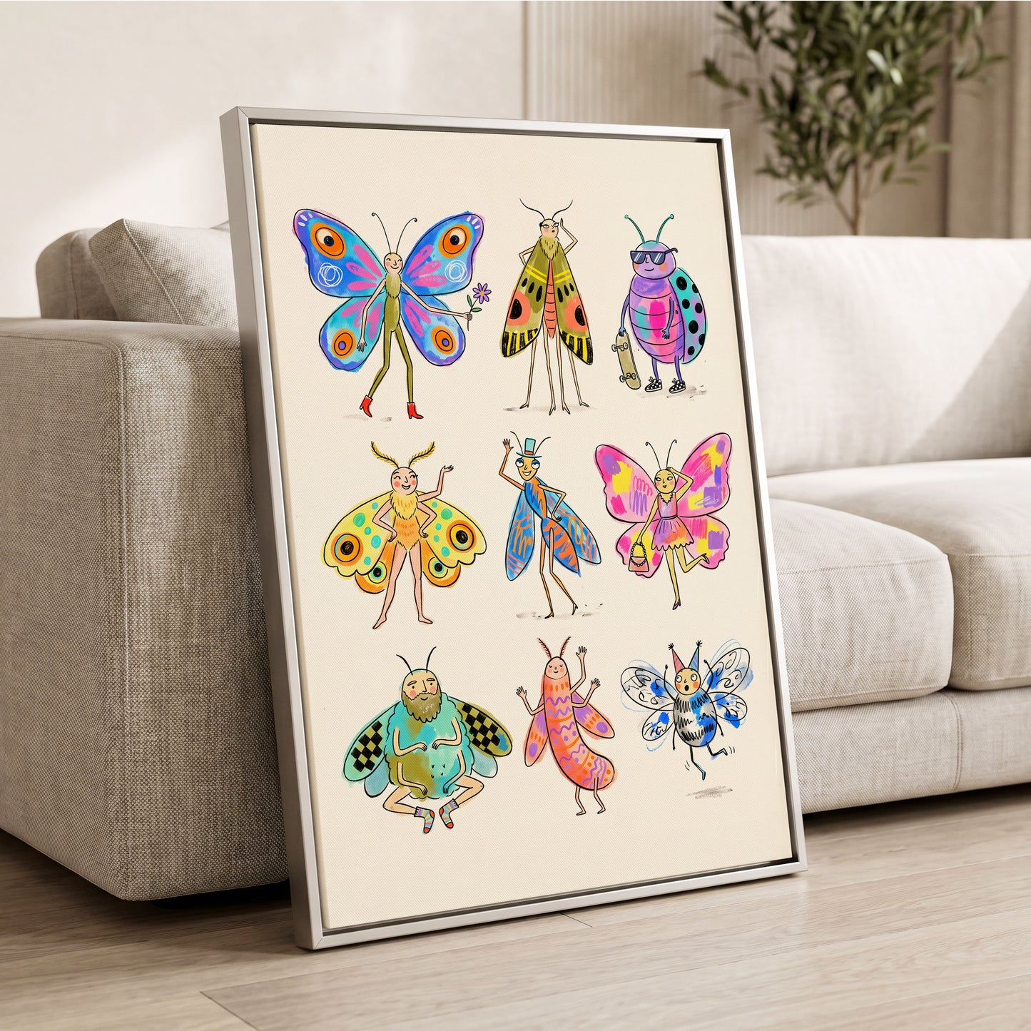 Bug Parade, beige, blue, pink nature wall art displayed in a styled interior, gallery view 8