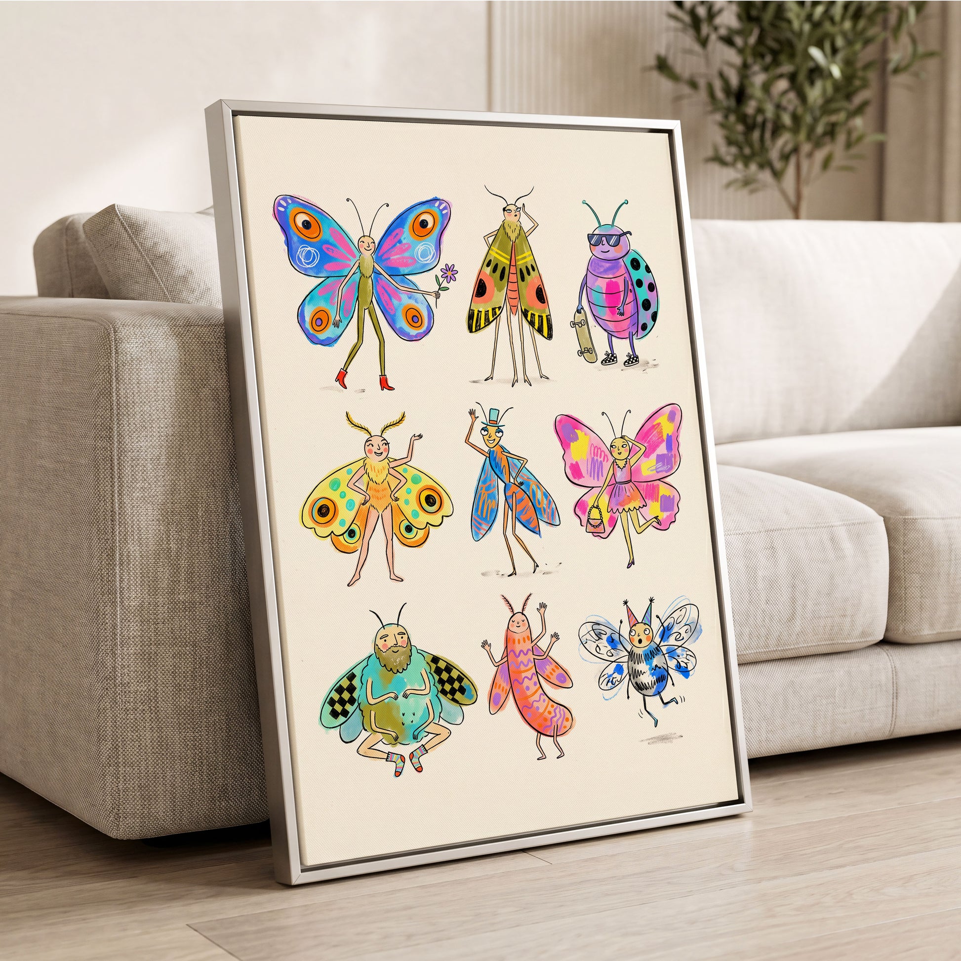 Bug Parade, beige, blue, pink nature wall art displayed in a styled interior, gallery view 8