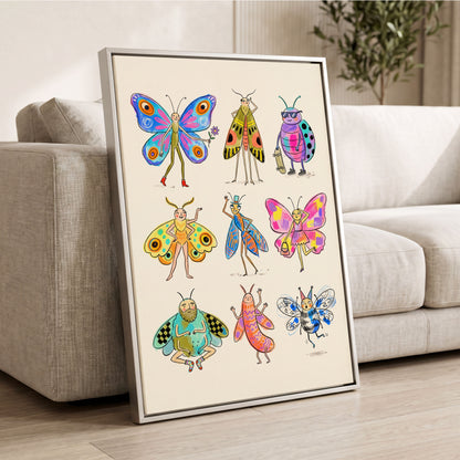 Bug Parade, beige, blue, pink nature wall art displayed in a styled interior, gallery view 8