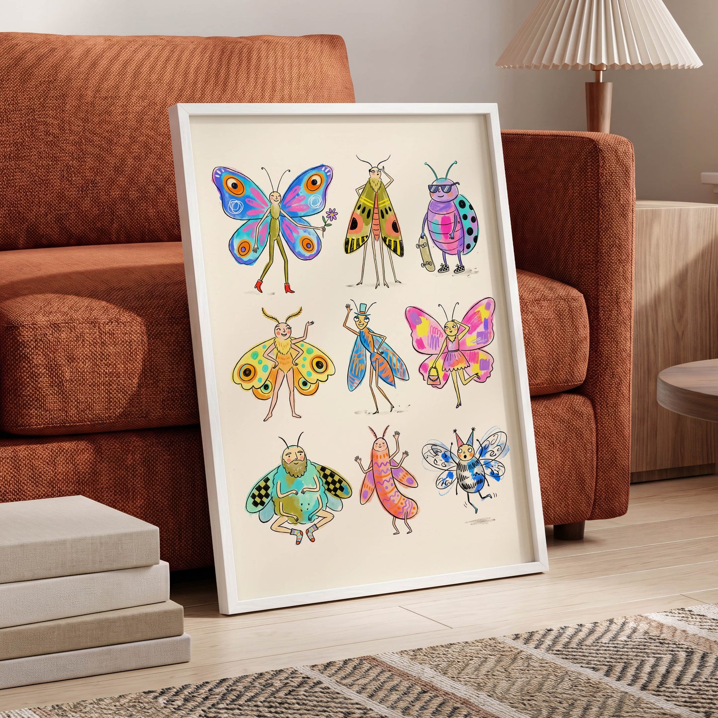 Bug Parade, beige, blue, pink nature wall art displayed in a styled interior, gallery view 9