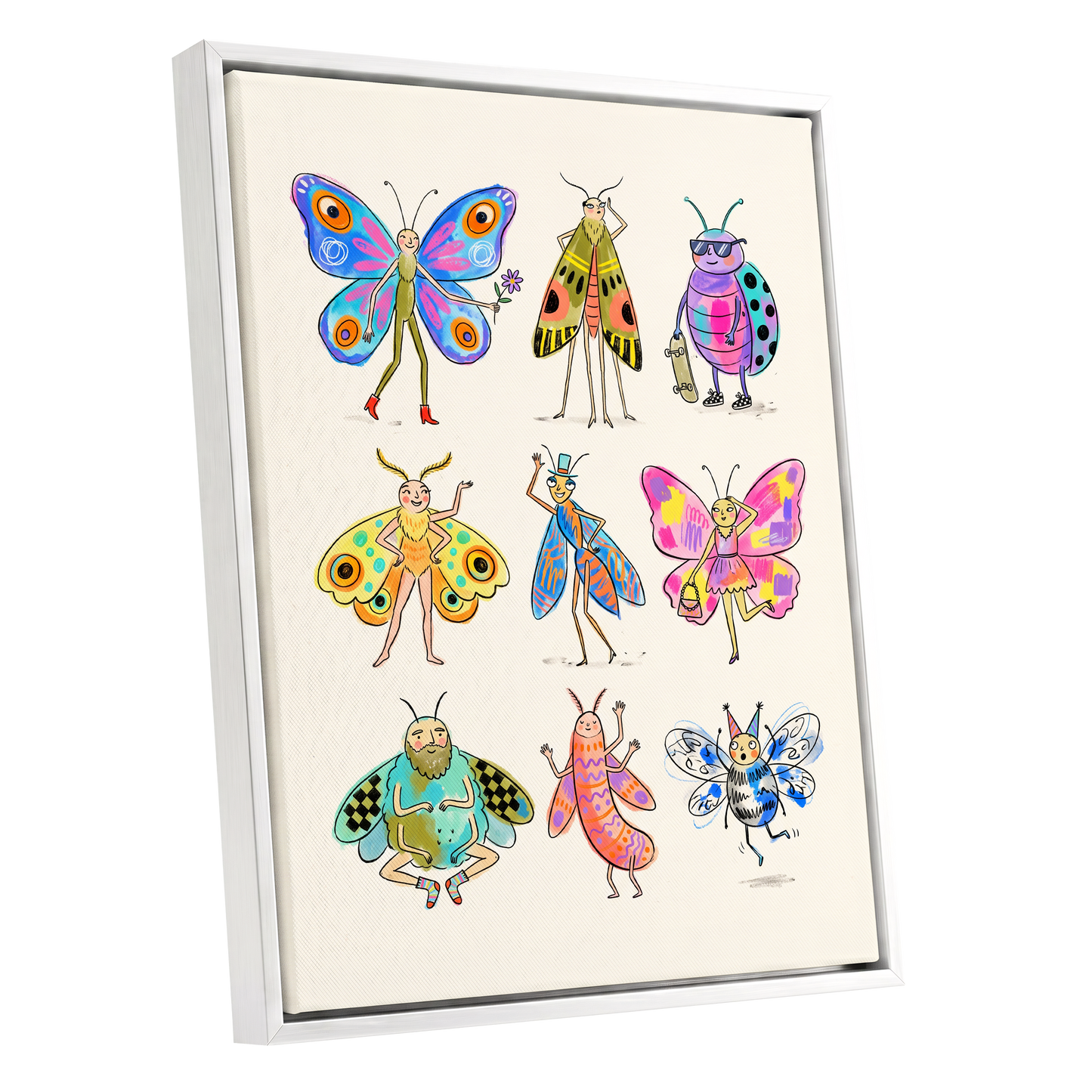 Bug Parade, beige, blue, pink nature wall art shown as a white framed canvas wall art