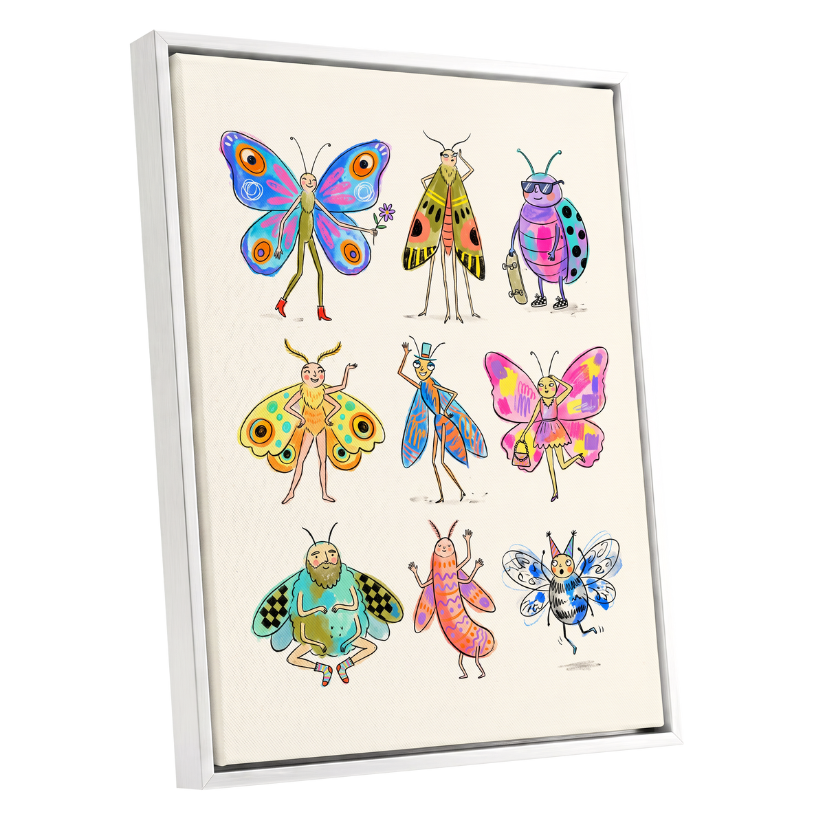 Bug Parade, beige, blue, pink nature wall art shown as a white framed canvas wall art