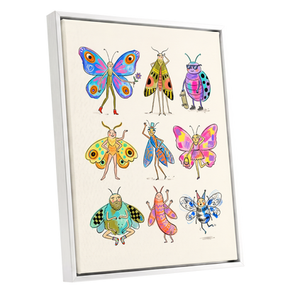 Bug Parade, beige, blue, pink nature wall art shown as a white framed canvas wall art