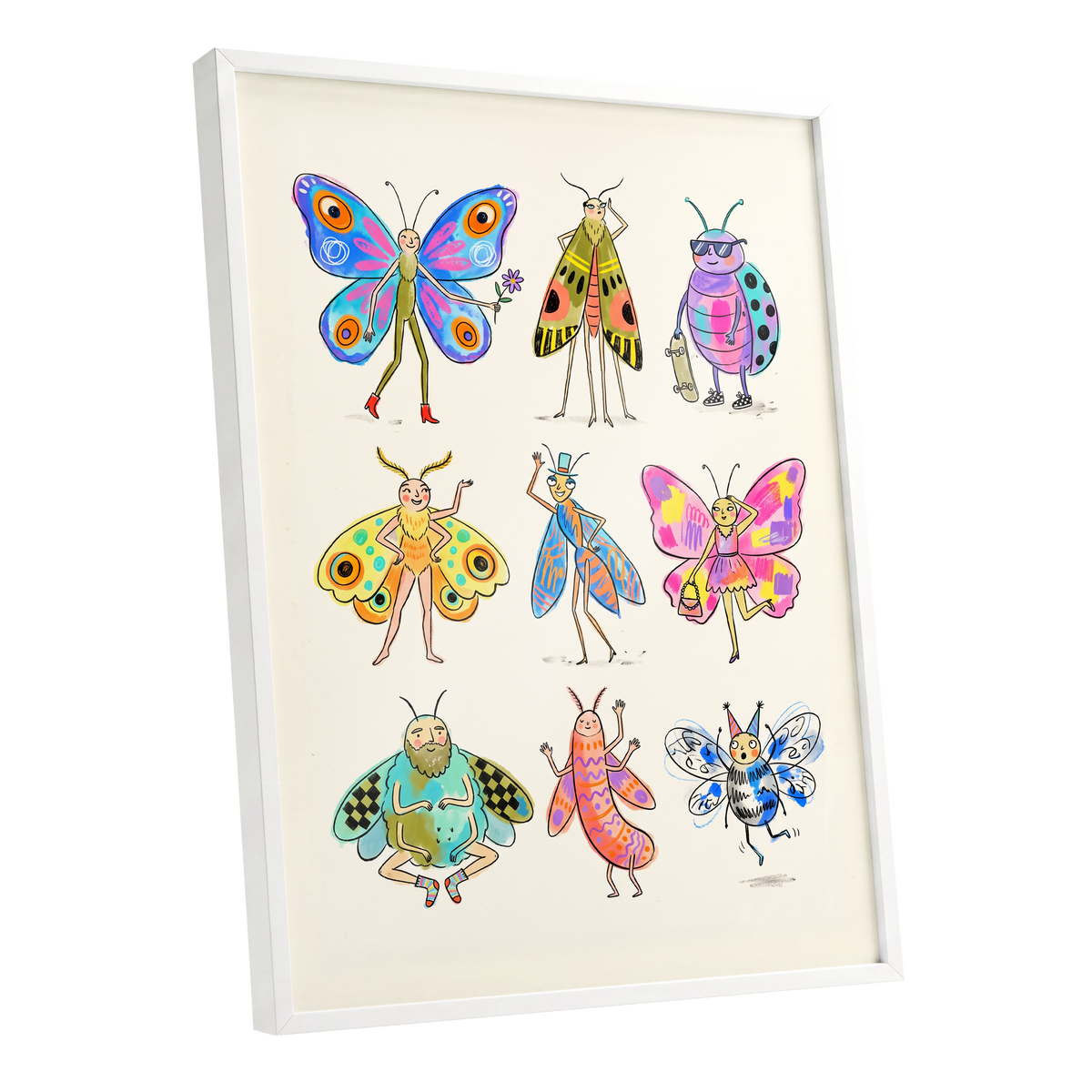 Bug Parade, beige, blue, pink nature wall art shown as a white framed poster wall art print