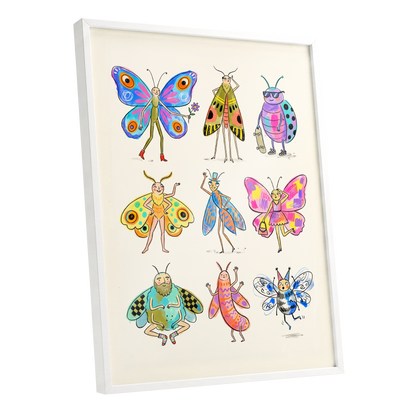Bug Parade, beige, blue, pink nature wall art shown as a white framed poster wall art print